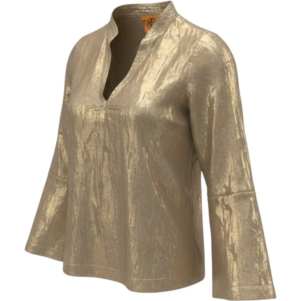 Tory Burch caspian Lame Metallic Silk Blend V-Neck Tunic Blouse Womens 6 s m